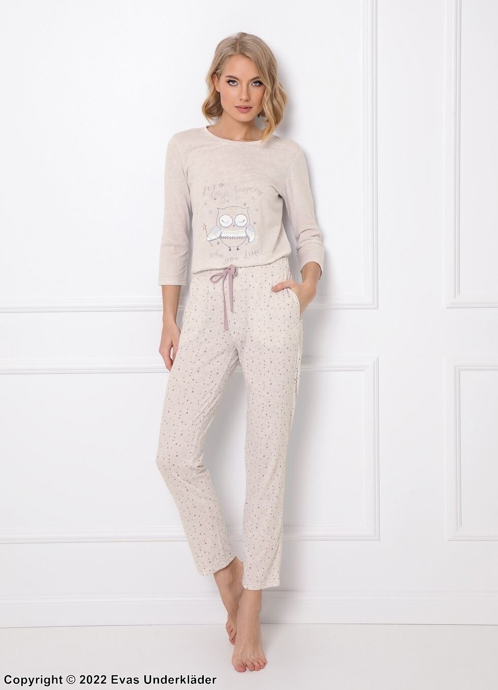 Top and pants pajamas, pockets, small dots, 3/4 length sleeves, owl